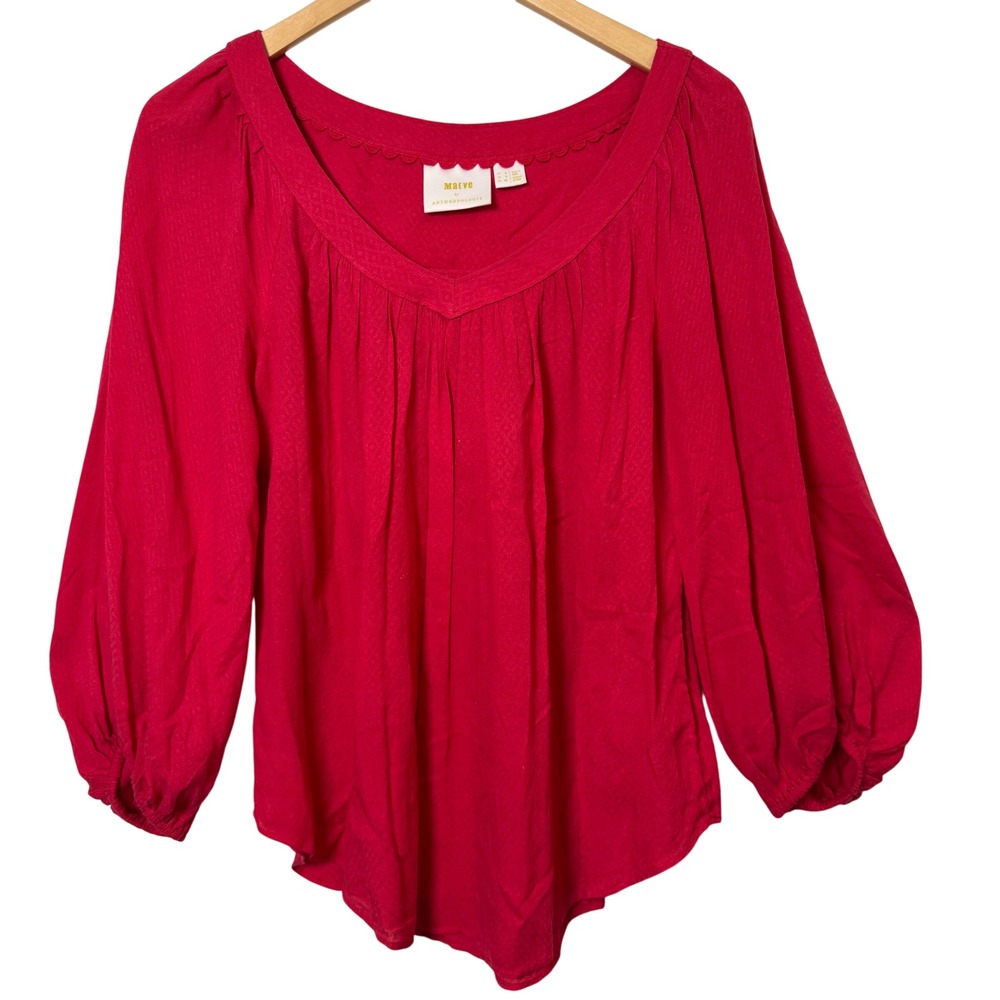Maeve Anthropologie Womens Blouse Size 2 Red V‎ Neck Long Sleeve Textured Top